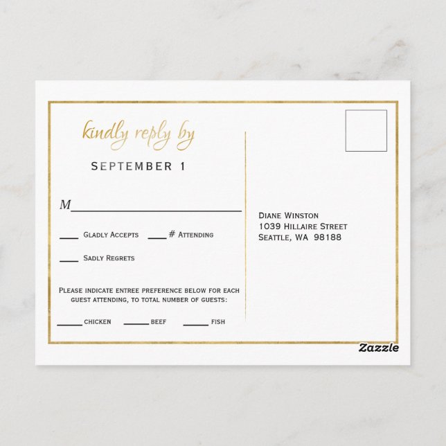 Elegant Gold Script Meal Choice Reception RSVP Postcard (Back)