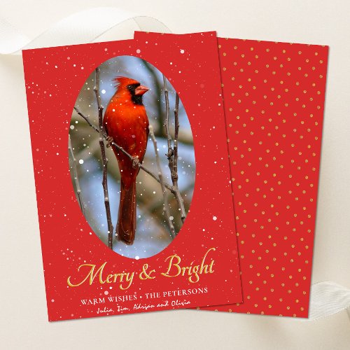 Elegant Gold Script Merry and Bright Festive Red Holiday Card