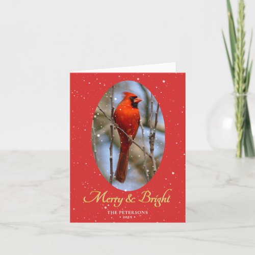 Elegant Gold Script Merry and Bright Festive Red Holiday Card