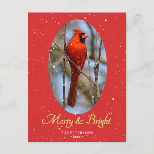 Elegant Gold Script Merry and Bright Festive Red Holiday Postcard