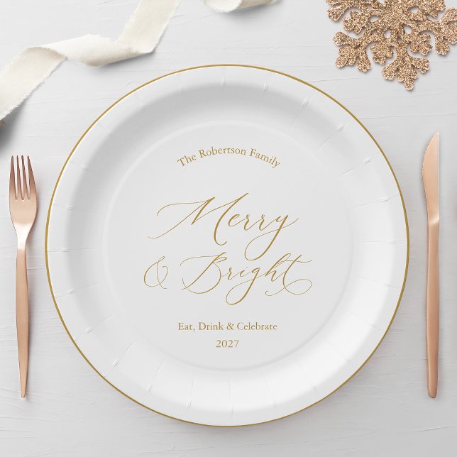 Elegant Gold Script “Merry & Bright” Christmas Paper Plates (Creator Uploaded)