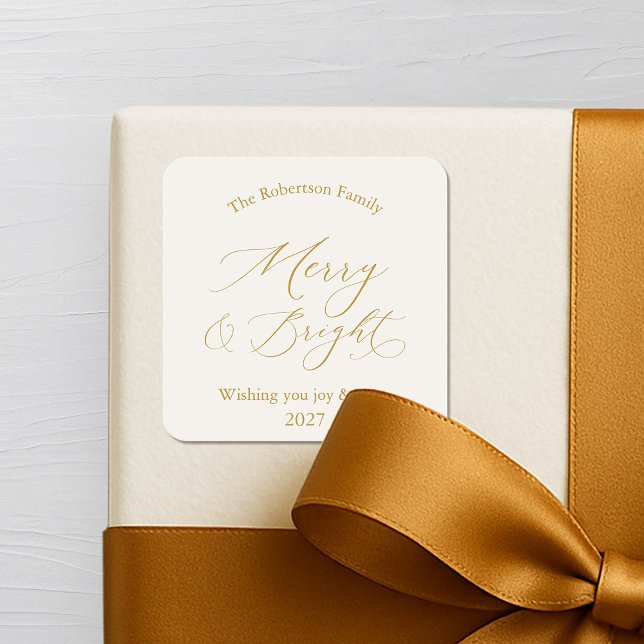 Elegant Gold Script “Merry & Bright” Christmas Square Sticker (Creator Uploaded)