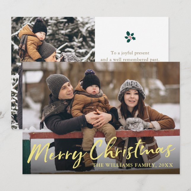 Elegant Gold Script Merry Christmas 2 Photo Holiday Card (Front/Back)