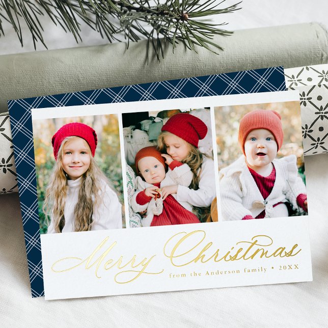 Elegant Gold Script Merry Christmas 3 Photo Foil Holiday Card (Creator Uploaded)