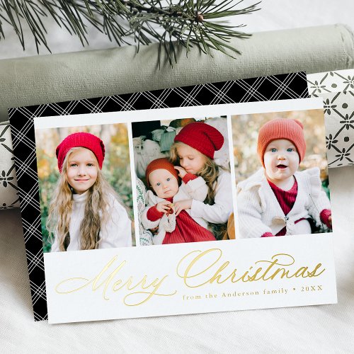 Elegant Gold Script Merry Christmas 3 Photo Foil Holiday Card