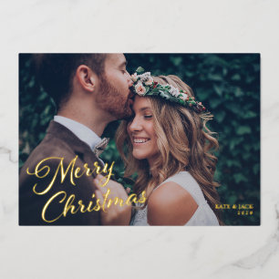 Elegant Gold Script Merry Christmas Couples Photo  Foil Holiday Card