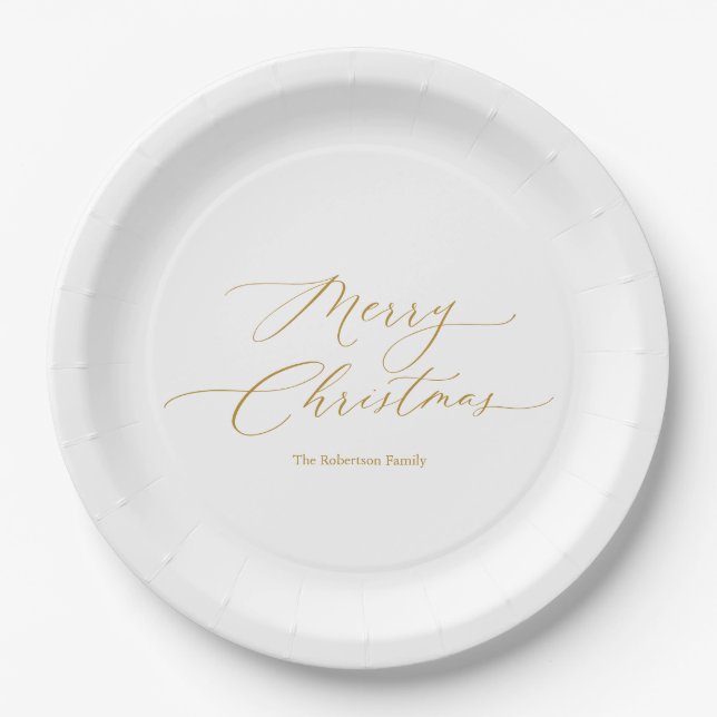 Elegant Gold Script “Merry Christmas” Paper Plates (Front)