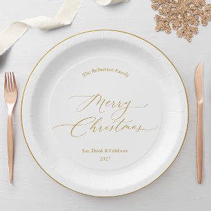 Elegant Gold Script “Merry Christmas” Paper Plates