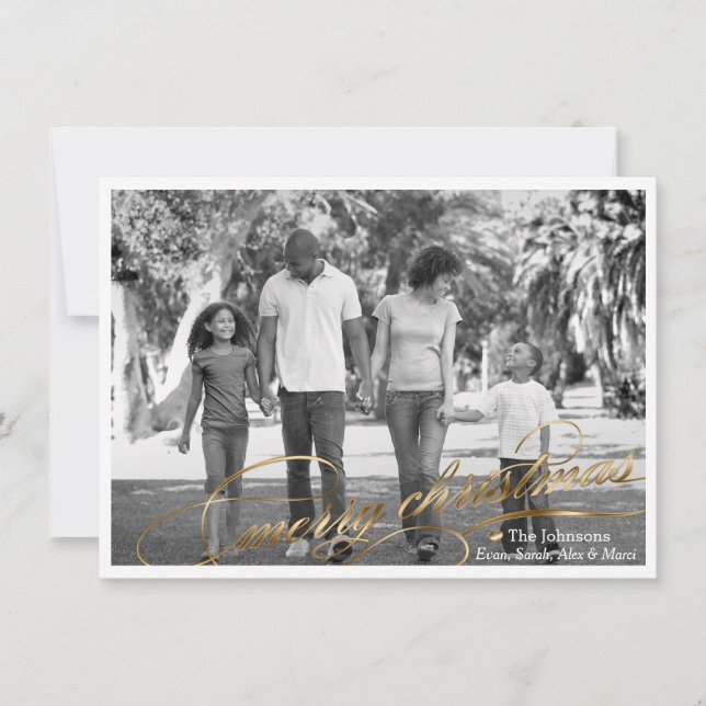 Elegant Gold Script Merry Christmas Photo Card (Front)