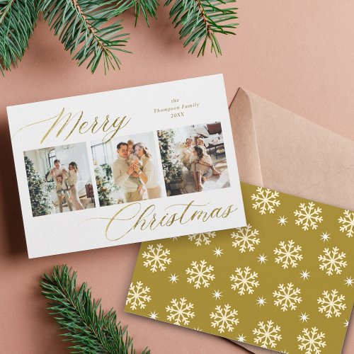 Elegant Gold Script Merry Christmas Photo Collage Holiday Card