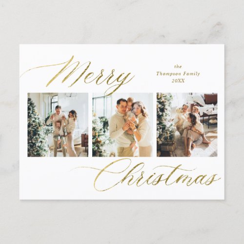Elegant Gold Script Merry Christmas Photo Collage Holiday Postcard