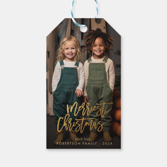 elegant gold script merry christmas photo holiday gift tags (Front)