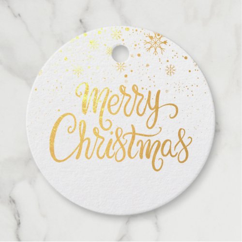 Elegant Gold Script Merry Christmas Snowflakes Foil Favor Tags
