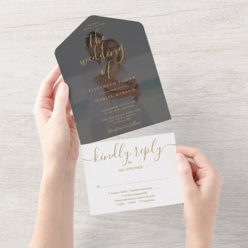 Elegant Gold Script Minimalist Photo Wedding All In One Invitation