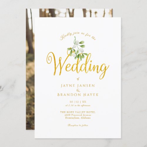 Elegant Gold Script Mistletoe Photo Winter Wedding Invitation