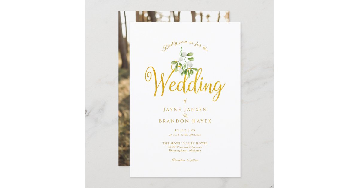 Elegant Gold Script Mistletoe Photo Winter Wedding Invitation | Zazzle