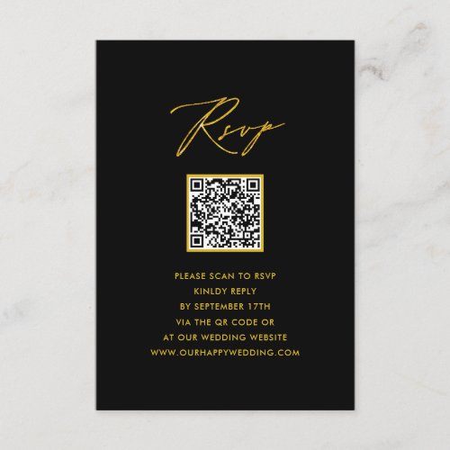 Elegant Gold Script Modern Black QR Wedding RSVP Enclosure Card