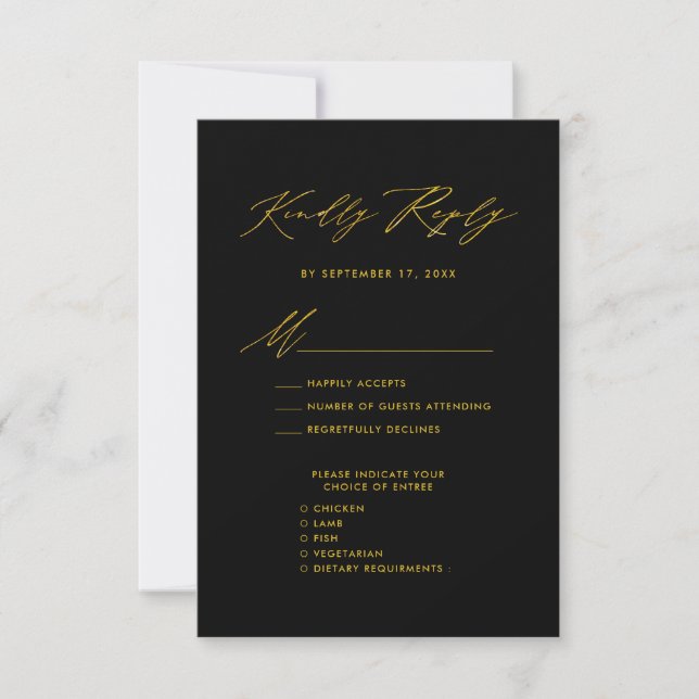 Elegant Gold Script Modern Black Wedding RSVP Card (Front)