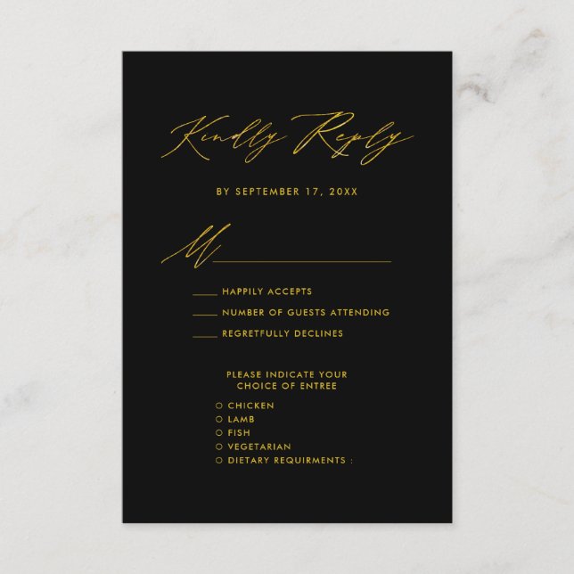 Elegant Gold Script Modern Black Wedding RSVP Enclosure Card (Front)