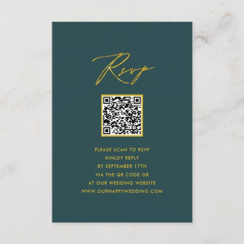 Elegant Gold Script Modern Green QR Wedding RSVP Enclosure Card