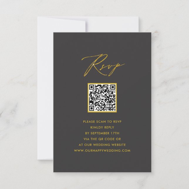 Elegant Gold Script Modern Grey QR Wedding RSVP Card (Front)