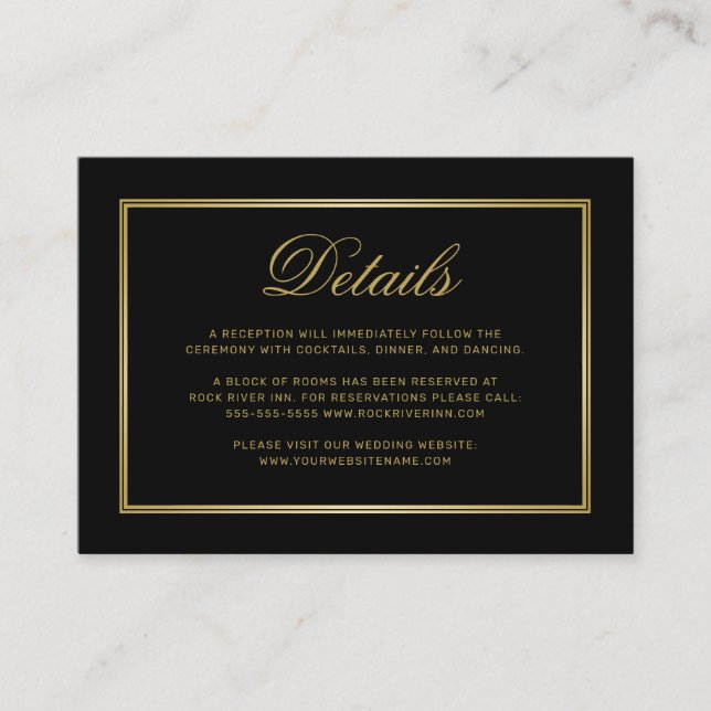 Elegant Gold Script Monogram Black Wedding Details Enclosure Card (Front)