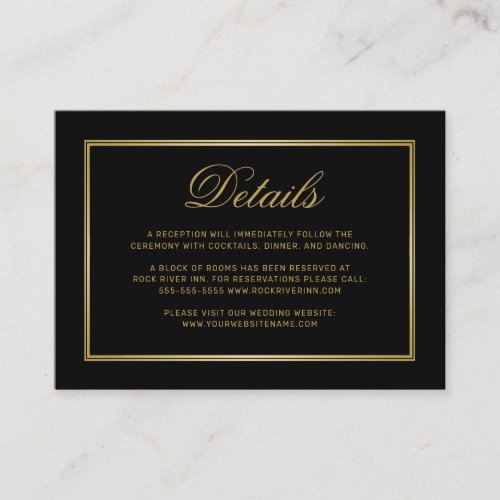 Elegant Gold Script Monogram Black Wedding Details Enclosure Card