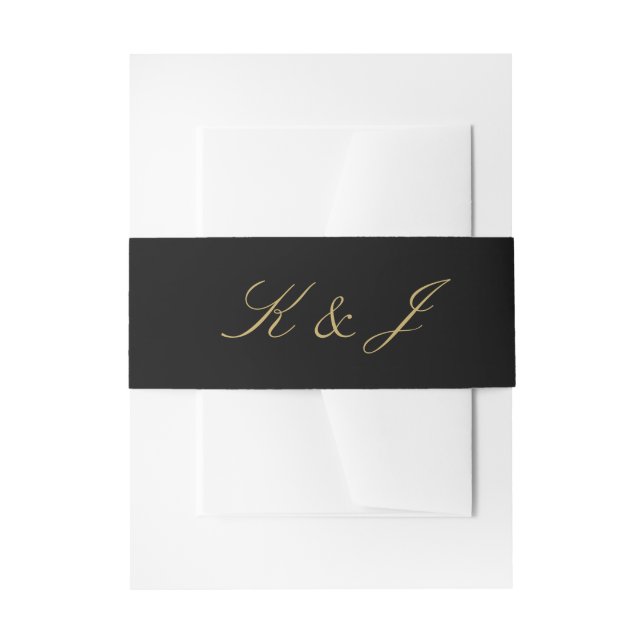 Elegant Gold Script Monogram Black Wedding Invitation Belly Band (Front Example)