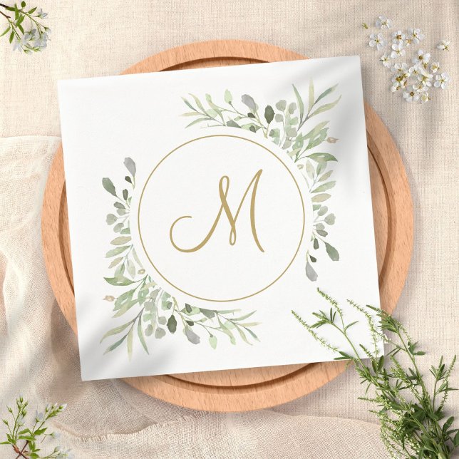 Elegant Gold Script Monogram Greenery Napkins (Creator Uploaded)