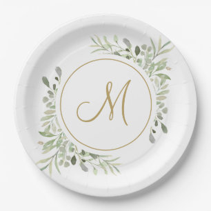 Elegant Gold Script Monogram Greenery Paper Plates