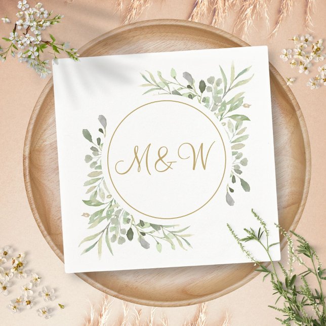Elegant Gold Script Monogram Initials Greenery Napkins (Elegant Gold Script Monogram Initials Greenery Napkins)