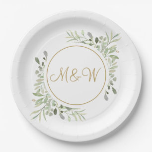 Elegant Gold Script Monogram Initials Greenery Paper Plates