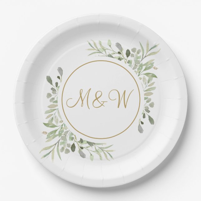 Elegant Gold Script Monogram Initials Greenery Paper Plates (Front)