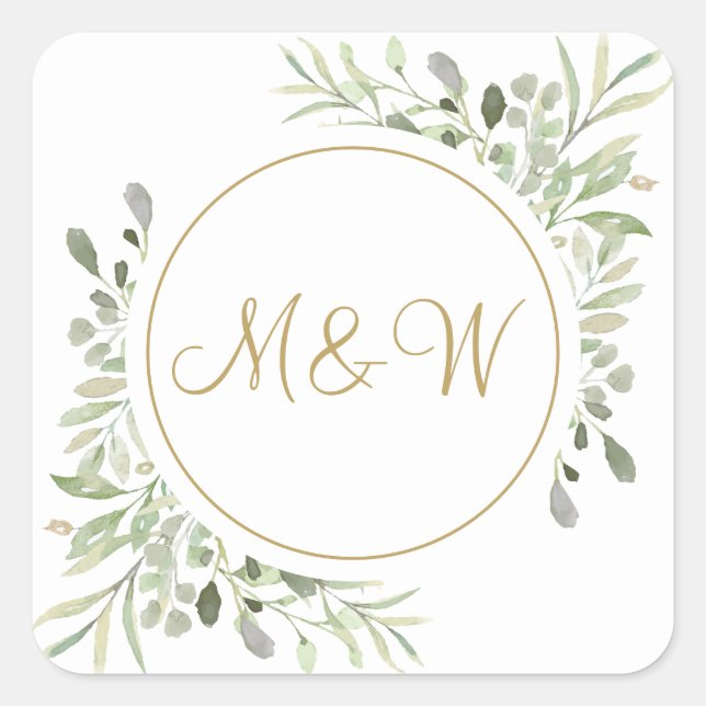 Elegant Gold Script Monogram Initials Greenery Square Sticker (Front)