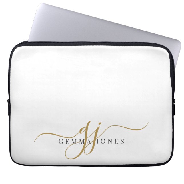 Elegant Gold Script Monogram Initials Minimalist  Laptop Sleeve (Front)