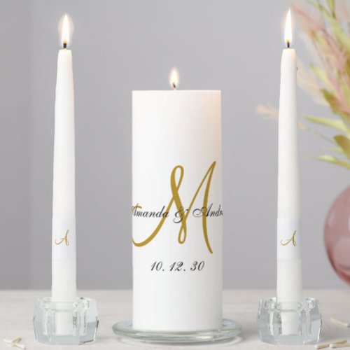 Elegant Gold Script Monogram Names Wedding Unity Candle Set