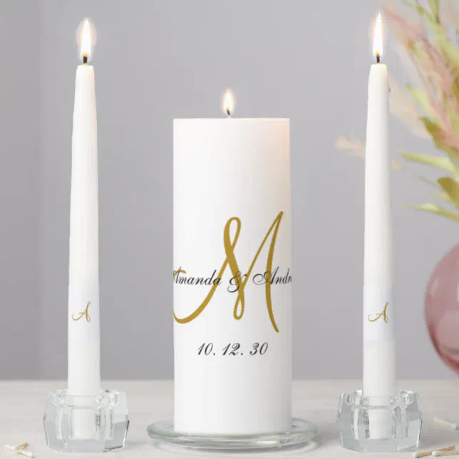 Elegant Gold Script Monogram Names Wedding Unity Candle Set | Zazzle