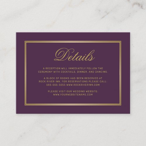 Elegant Gold Script Monogram Plum Wedding Details Enclosure Card