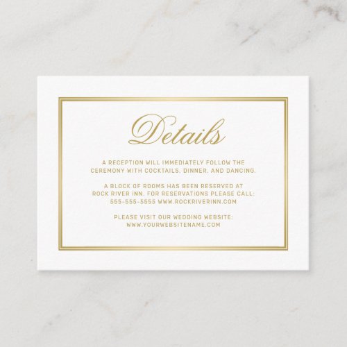 Elegant Gold Script Monogram White Wedding Details Enclosure Card