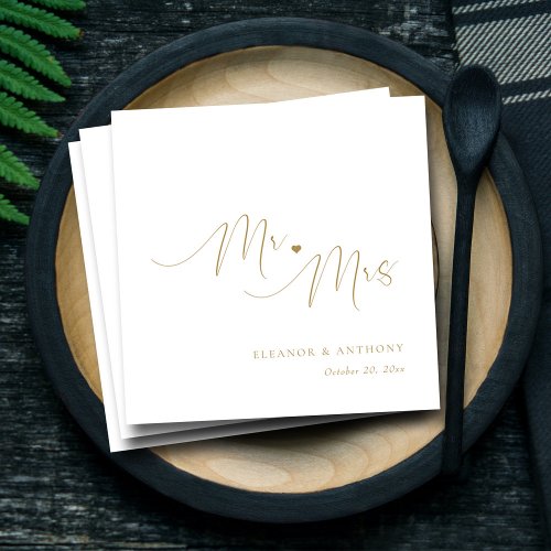 Elegant Gold Script Mr and Mrs Love Heart Wedding Napkins