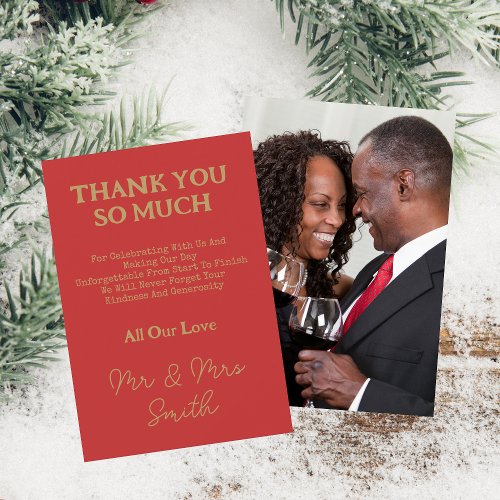 Elegant Gold Script Mr  Mrs Wedding Photo Red Thank You Card