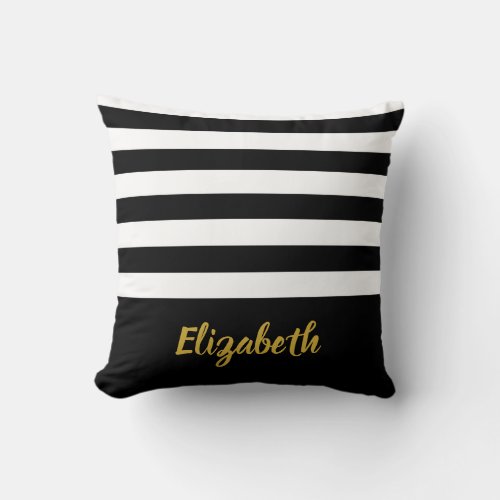 Elegant Gold Script Name Black White Striped Throw Pillow