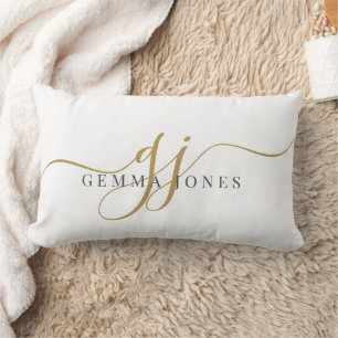 Elegant Gold Script Name Monogram Lumbar Pillow