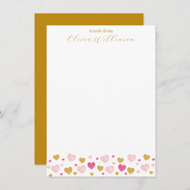 Elegant Gold Script Name| Watercolor Hearts Note Card (Front/Back)