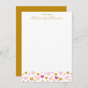 Elegant Gold Script Name  Watercolor Hearts Note Card