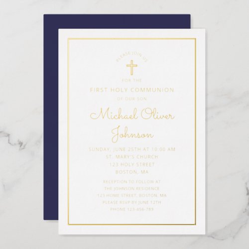 Elegant Gold Script Navy Blue First Communion Foil Invitation