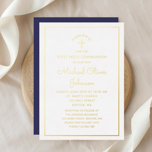 Elegant Gold Script Navy Blue First Communion Foil Invitation