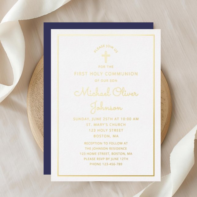 Elegant Gold Script Navy Blue First Communion Foil Invitation (Elegant Gold Script Navy Blue First Communion Foil Invitation)