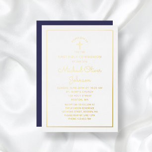Elegant Gold Script Navy Blue First Communion Foil Invitation