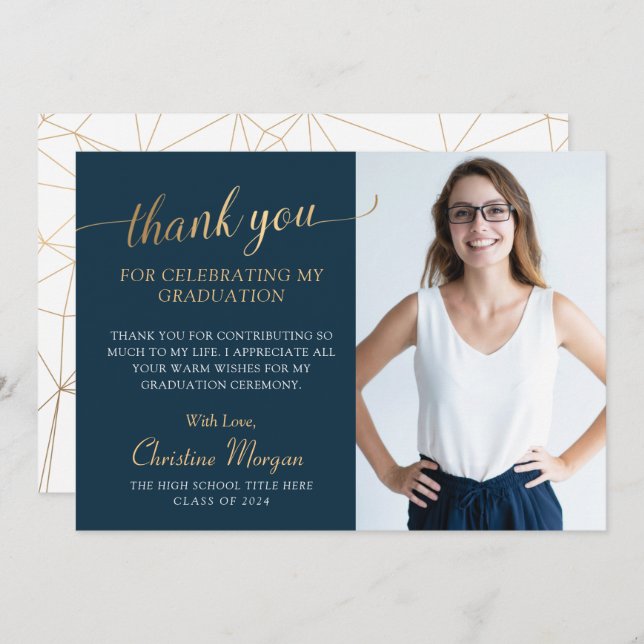 Elegant Gold Script Navy Blue Graduation Photo Tha Thank You Card (Front/Back)